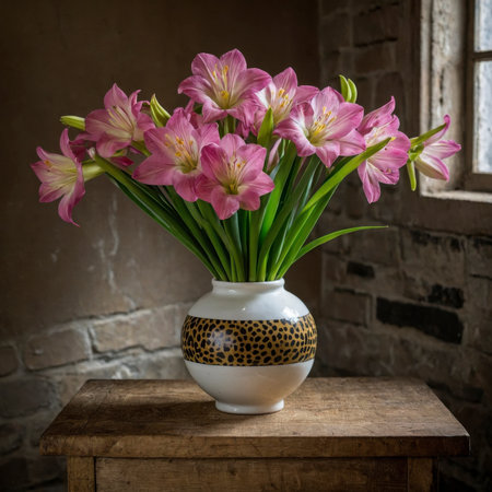 An arrangement of lilies in a vase on an old wooden table, placed by a window against a weathered wall.の素材