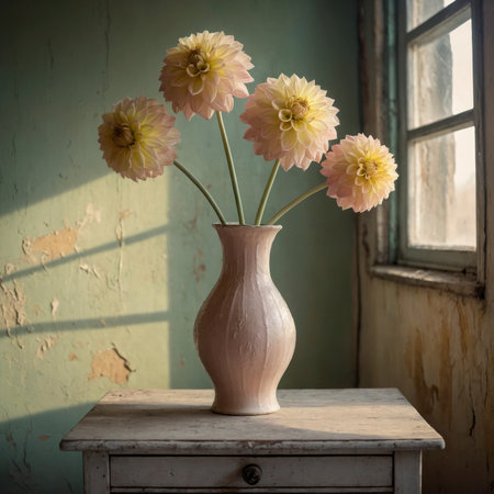 An arrangement of dahlias in a vase on an old table, placed by a window against a weathered wall.の素材