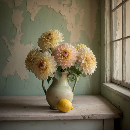 An arrangement of dahlias in a vase on an old table, placed by a window against a weathered wall.の素材