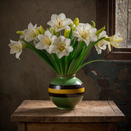 An arrangement of lilies in a vase on an old wooden table, placed by a window against a weathered wall.の素材