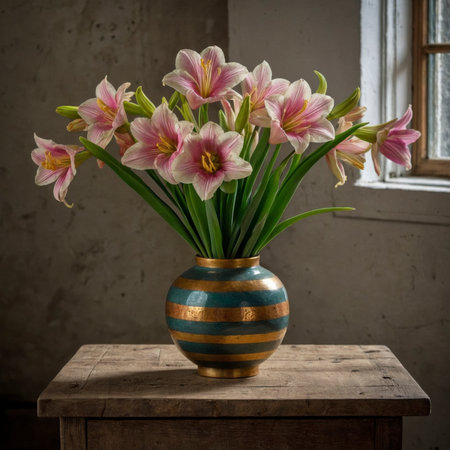 An arrangement of lilies in a vase on an old wooden table, placed by a window against a weathered wall.の素材