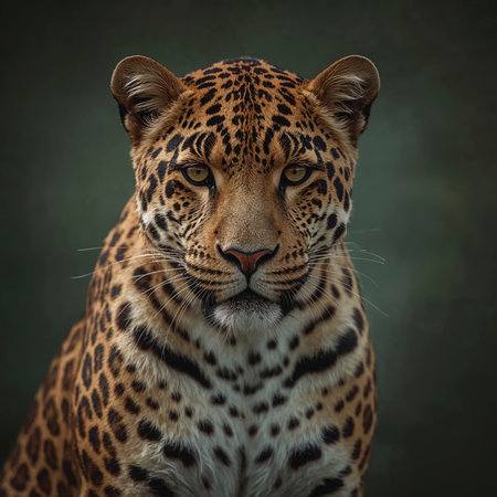 A portrait of a leopard with distinctive fur pattern, set against a neutral background.の素材