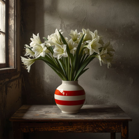 An arrangement of lilies in a vase on an old wooden table, placed by a window against a weathered wall.の素材