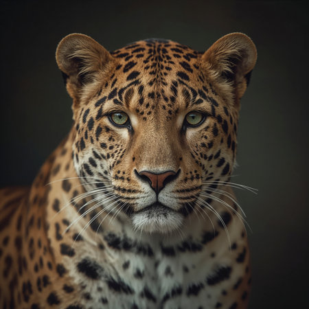 A portrait of a leopard with distinctive fur pattern, set against a neutral background.の素材