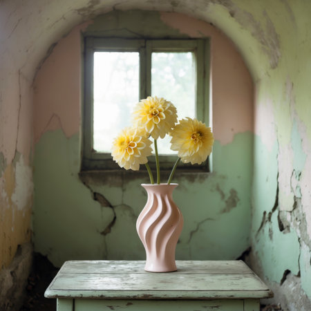 An arrangement of dahlias in a vase on an old table, placed by a window against a weathered wall.の素材