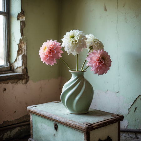 An arrangement of dahlias in a vase on an old cabinet, placed by a window against a peeling wall.の素材
