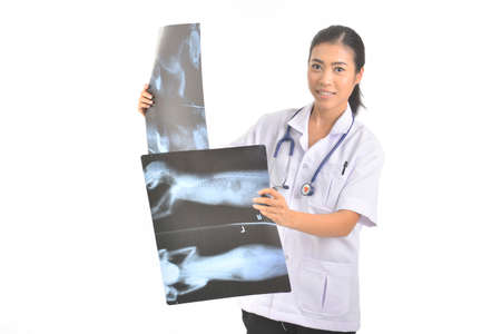 woman veterinarian examining a radio graphs a over white backgroundの写真素材