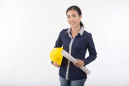 pretty Woman construction worker with hard hatの写真素材