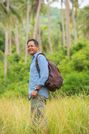 Asian traveler with backpackの写真素材