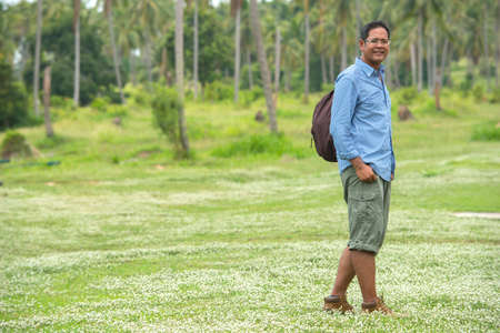 Asian traveler with backpackの写真素材
