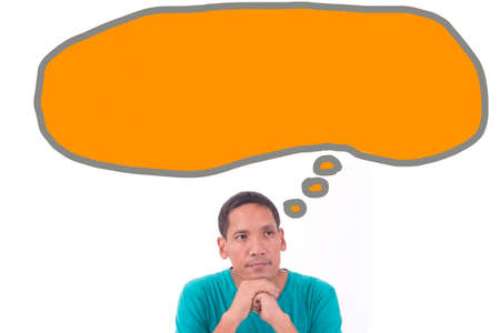 Asian man thinking with bubble quoteの写真素材