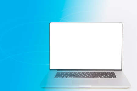 computer with blank white screen on beautiful backgroundの写真素材