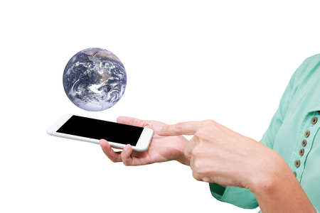 hand hold smart phone with  globeの写真素材