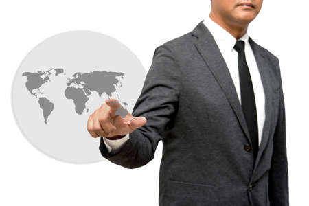 business man showing hand and finger with world pictureの写真素材