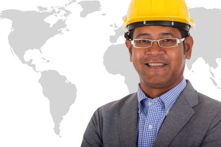 male engineer wear yellow helmet with world map