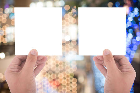 two hand hold blank card on blur backgroundの写真素材