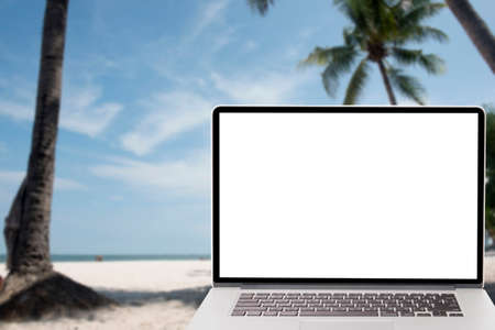computer with blank screen on picture of coconut tree on the beachの写真素材