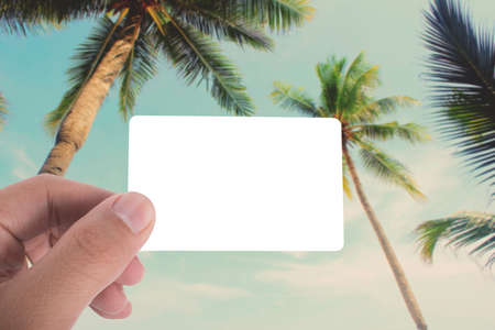 hand hold blank card on picture of coconut tree on the beach apply retro color filterの写真素材
