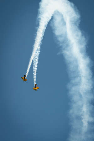 Trig Aerobatic team duo, displaying their Pitts Specials at Abingdon Air Show, UK, during May 2014のeditorial素材