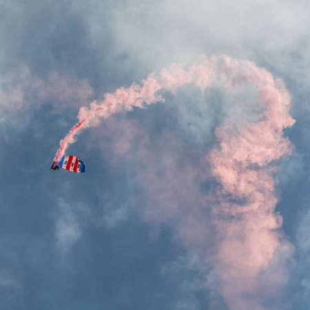 Cosford, UK - 08 June 2014: RAF Falcon parachute display team seen at RAF Cosford Airshow.のeditorial素材