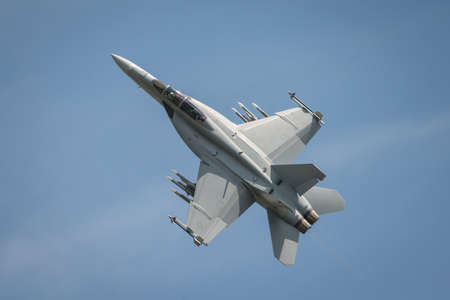 Fairford, UK - 12 July 2014: A USAF F18f Super Hornet aircraft displaying at the Royal International Air Tattoo.のeditorial素材