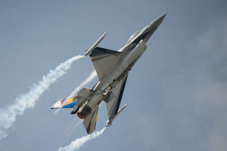 Fairford, UK - 12 July 2014: A Belgian Air Force display F16 fighter jet in flight and displaying at...
