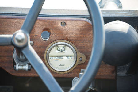 Biggleswade, UK - 29 June 2014: A vintage mileometer on a Jowett Type C car (1926) on display at the Shuttleworth Collection air show.のeditorial素材