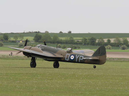 Duxford, UK - May 23rd 2015: A vintage British Blenheim bomber , landing at Duxford VE Day Airshow