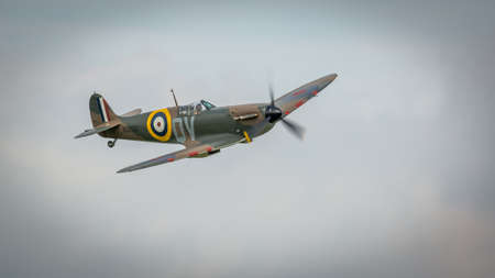 Biggleswade, UK - 7th May 2017: Vintage British Sptitfire fighter plane in flightのeditorial素材