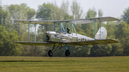 Biggleswade, UK - 6th May 2018:  A 1932 Blackburn B2 vintage aircraft landing at airfield