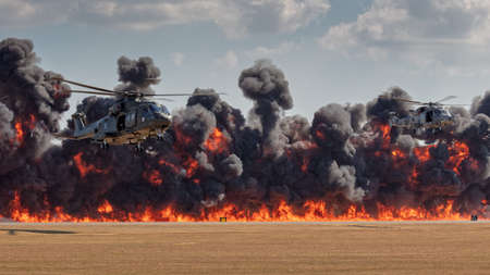YEOVILTON, UK - 7th July 2018:  Royal Navy   helicopters in flight above pyrotechnic display simulating an attack at Yeovilton  airfield in south western UKのeditorial素材