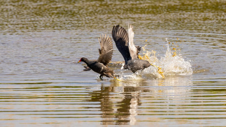 A Eurasian coot fighting with a Moorhen in the middle of a lakeの写真素材