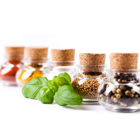 Pepper, Mustard, Salt, Curry and Paprika with a leaf of basil 