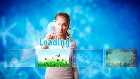 young woman in front of an icy background touching an interface and requests spring season