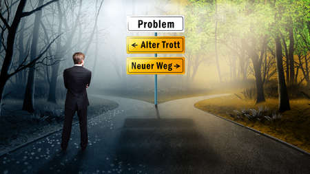 businessman has to decide between the two options old way and new way (in German)