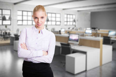 attractive woman in front of an office
