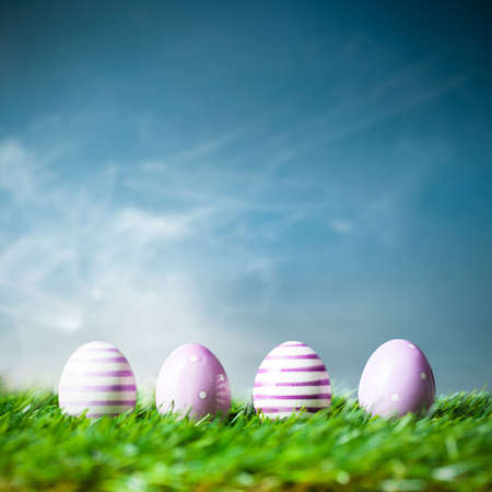 easter eggs in the grassの写真素材