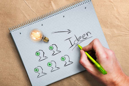 Hand writing idea concepts (in German) on a college block