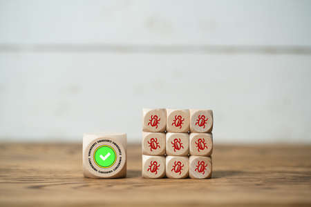 cube with the word "virus protection" in German on wooden backgroundの写真素材