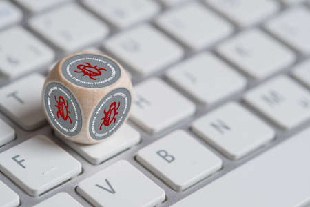 cube with bug symbol and the German word for "virus protection", standing for an software error on a keyboardの写真素材