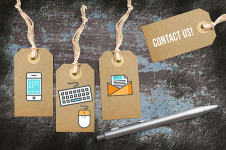 hangtags with contact options as icons and message contact us on solid background