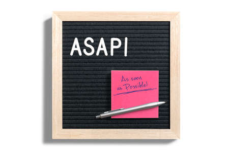 AS SOON AS POSSIBLE on a sticky note and ASAP on a letter board on white backgroundの写真素材