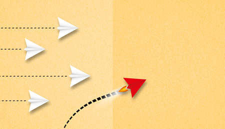 little airplanes and a red one symbolizing a different approach on paper background