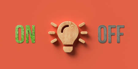 wooden lightbulb with the words ON and OFF on orange background - 3D rendered illustrationの写真素材