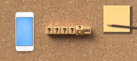 cubes with questionmarks and one turning with revealing a lightbulb icon and the word idea in front...