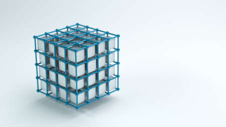 cube grid with different sized silver boxes symbolizing data in a storage system - 3D rendered...