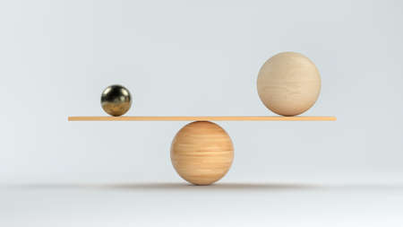 wooden scale balancing a big wooden and a small metal ball in front white background - 3D rendered...
