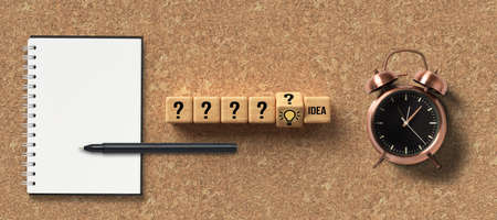 cubes with questionmarks and one turning with revealing a lightbulb icon and the word idea in front...