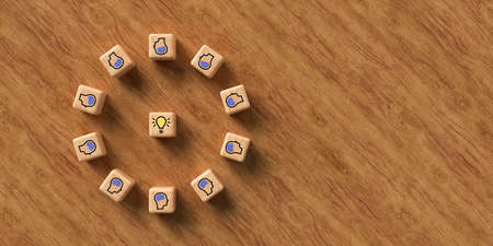 cubes showing a brainstorming session on wooden background - 3d rendered illustration