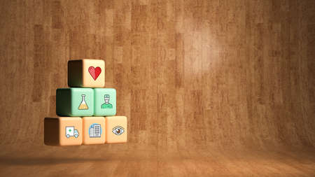 cubes with health icons on wooden background - 3d rendered illustration